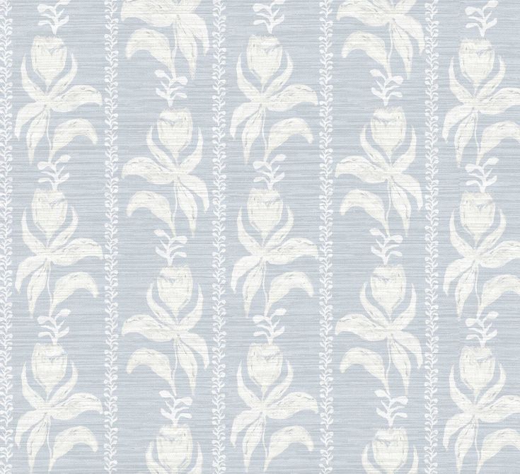 Blocked Tulips in Blue Grasscloth Wallpaper