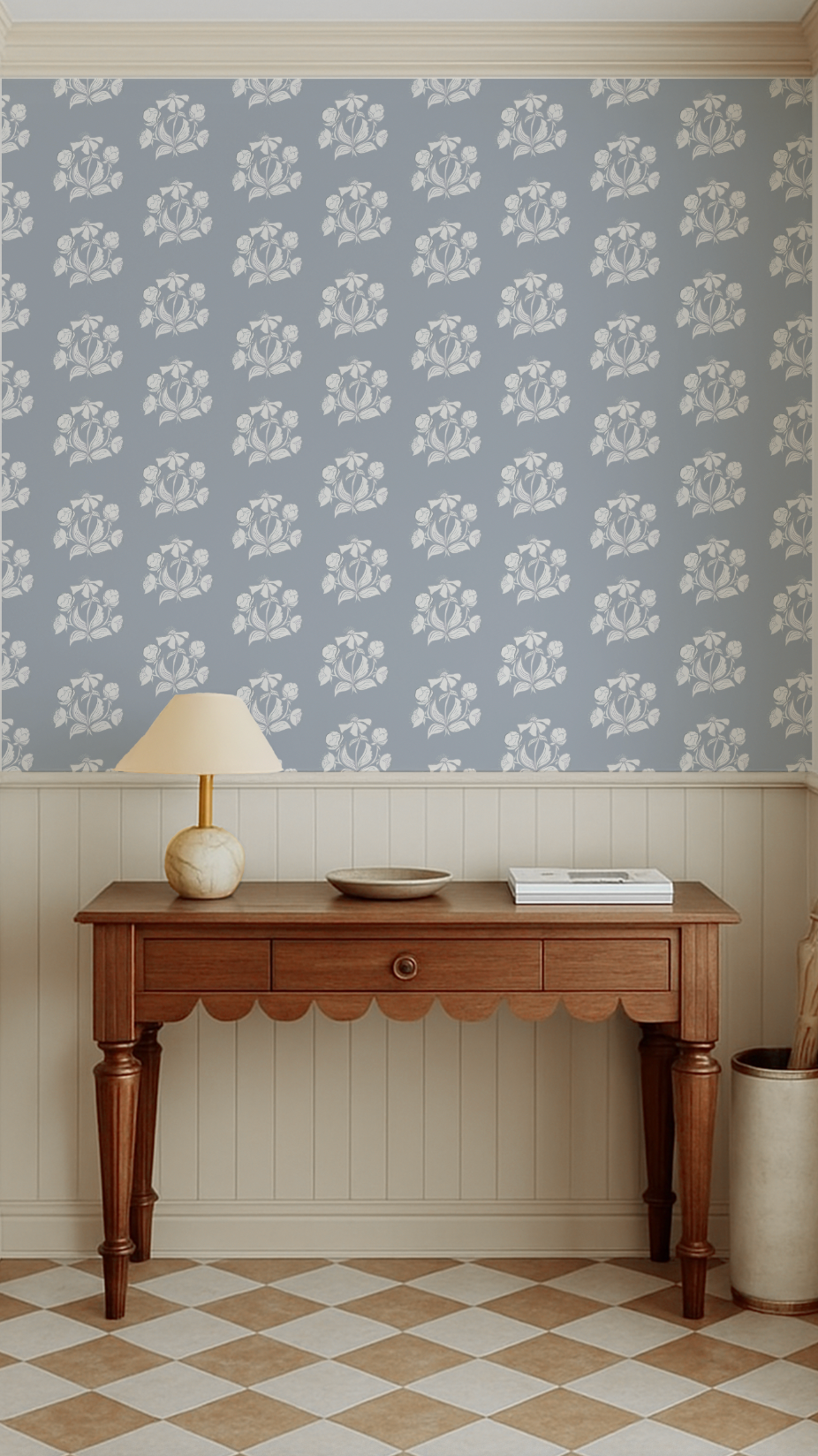 Peony Bundle in Salt on Blue Wallpaper