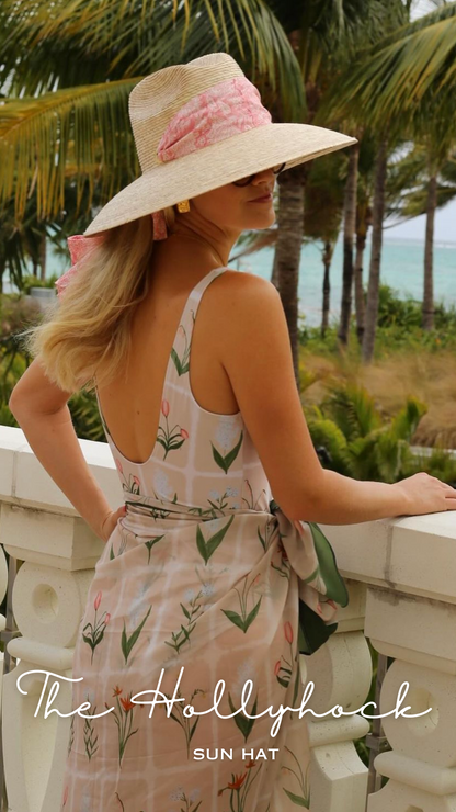 Hollyhock Sun Hat - Pink Pansy Block Print Hat Scarf