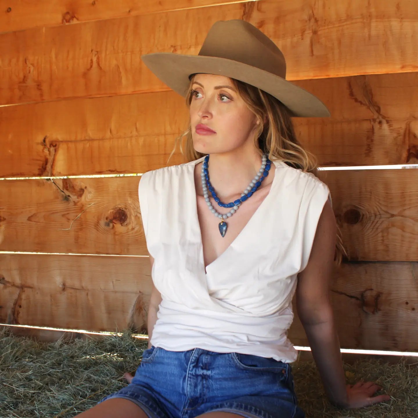 Denim Heart Beaded Necklace - Handmade Jewelry
