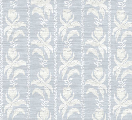 Blocked Tulips in Blue Grasscloth Wallpaper