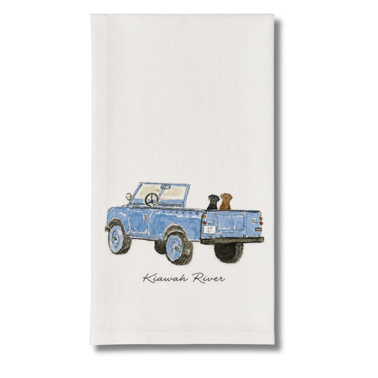 Kiawah River Blue Vintage Rover with Dogs Dish Towel
