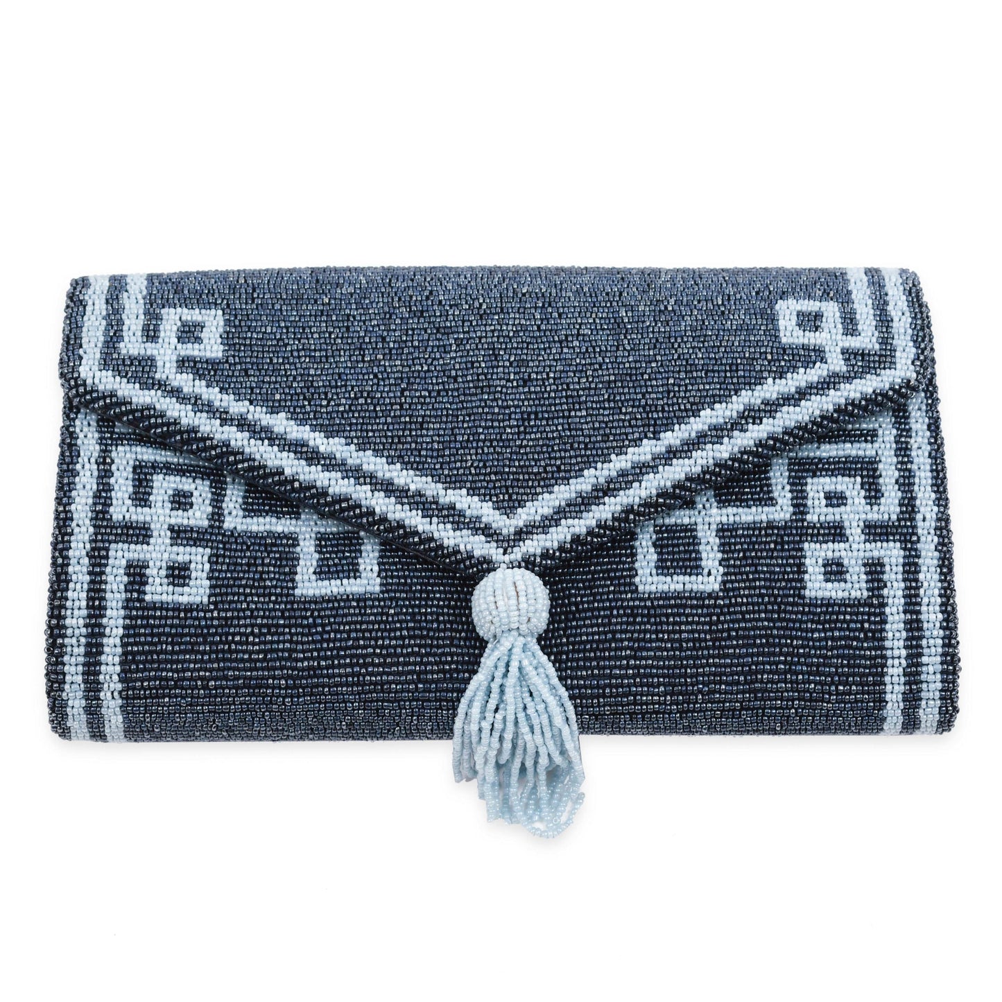 Envelope Beaded Monogram Clutch –Fretwork Tassel