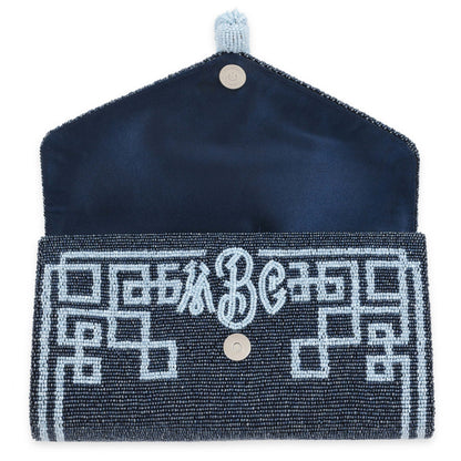 Envelope Beaded Monogram Clutch –Fretwork Tassel