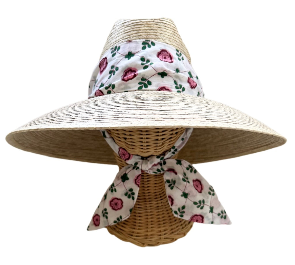Hollyhock Sun Hat - Pink Pansy Block Print Hat Scarf