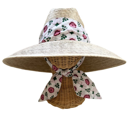 Hollyhock Sun Hat - Pink Pansy Block Print Hat Scarf