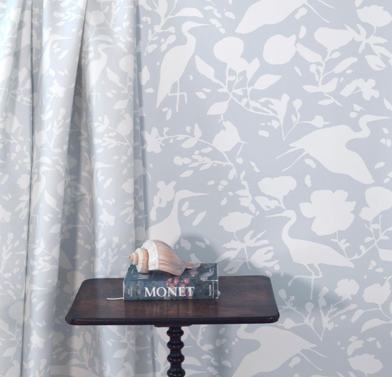 Egrets for Hadley in White and Natural Blue Wallpaper
