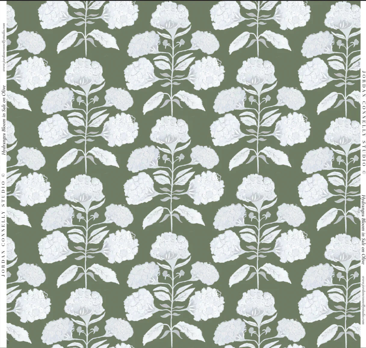 Hydrangea Bloom in Salt on Olive Fabric SWATCH