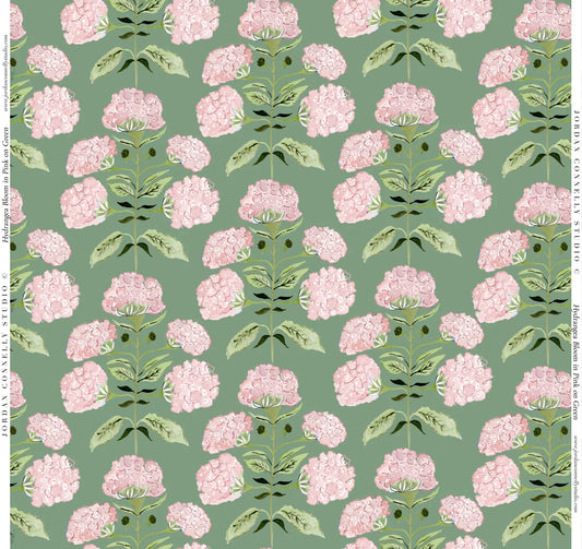 Hydrangea Bloom in Pink on Green- Fabric