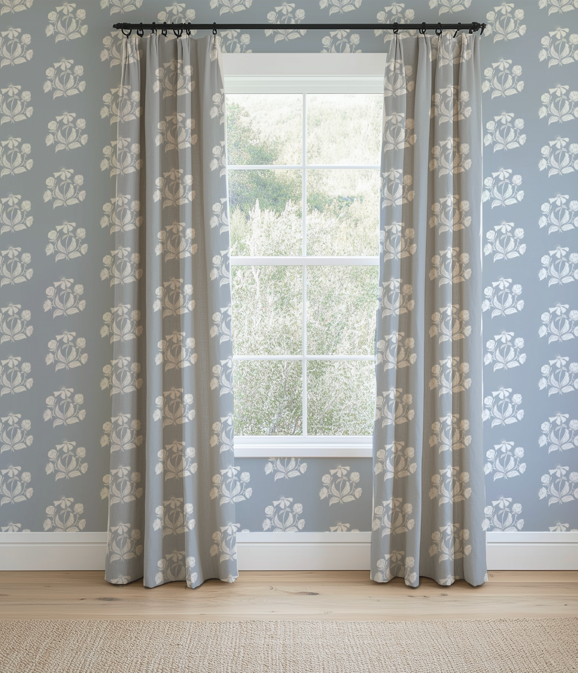 Peony Bundle in Salt on Blue Wallpaper