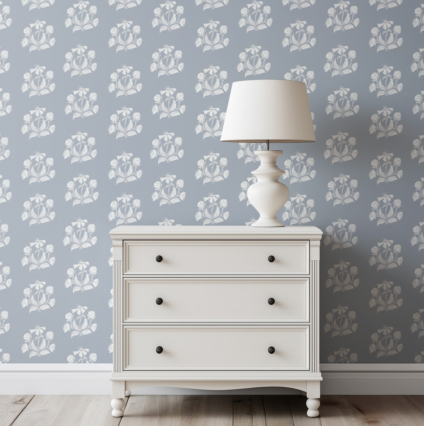 Peony Bundle in Salt on Blue Wallpaper
