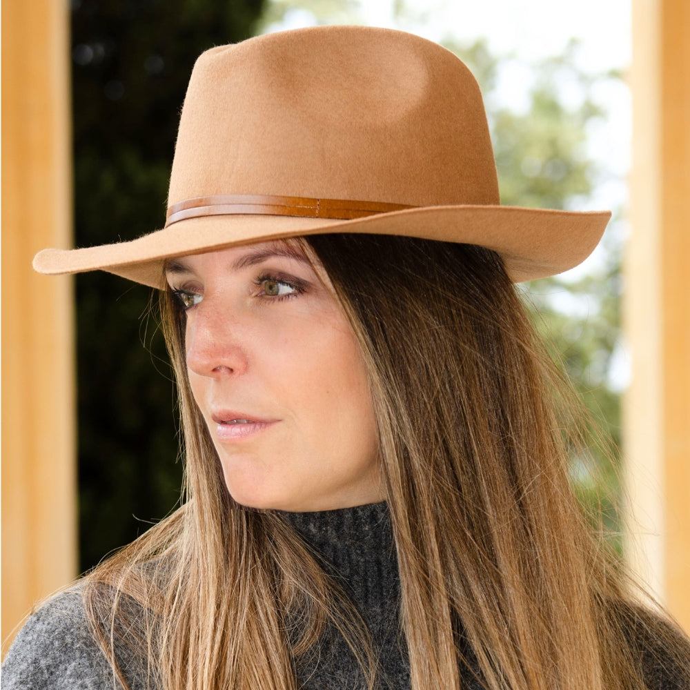 Leather Tie Felt Hat - Camel