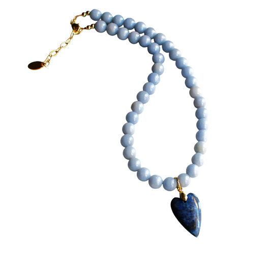 Denim Heart Beaded Necklace - Handmade Jewelry