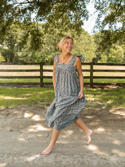 The Tie Maxi Dress - Blue Woodland Bouquet